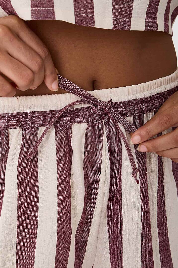 Bordo Çizgili %100 Pamuk Buldan Bezi Beli Lastikli Şort - 6