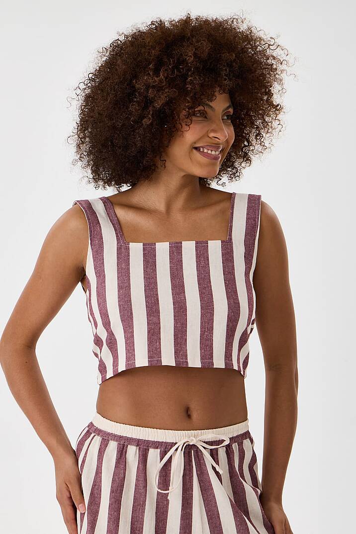 Bordo Çizgili %100 Pamuk Buldan Bezi Sırtı Bağlamalı Crop Atlet Top - 1