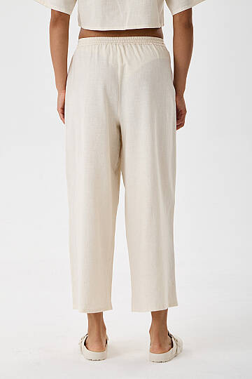 Krem Viskon Keten Beli Lastikli Wide Leg Pantolon - 5
