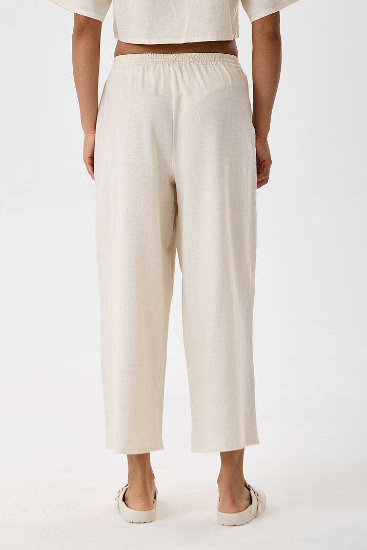 Krem Viskon Keten Beli Lastikli Wide Leg Pantolon - 5
