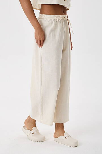 Krem Viskon Keten Beli Lastikli Wide Leg Pantolon - 6