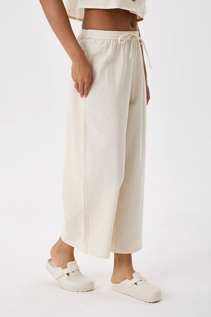 Krem Viskon Keten Beli Lastikli Wide Leg Pantolon - 6