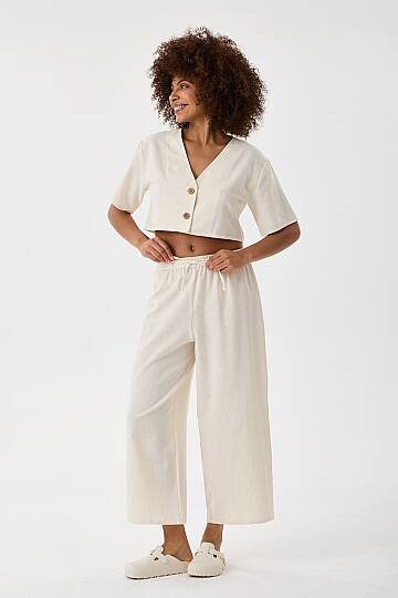 Krem Viskon Keten Beli Lastikli Wide Leg Pantolon - 3