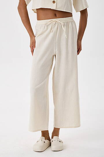 Krem Viskon Keten Beli Lastikli Wide Leg Pantolon - 4