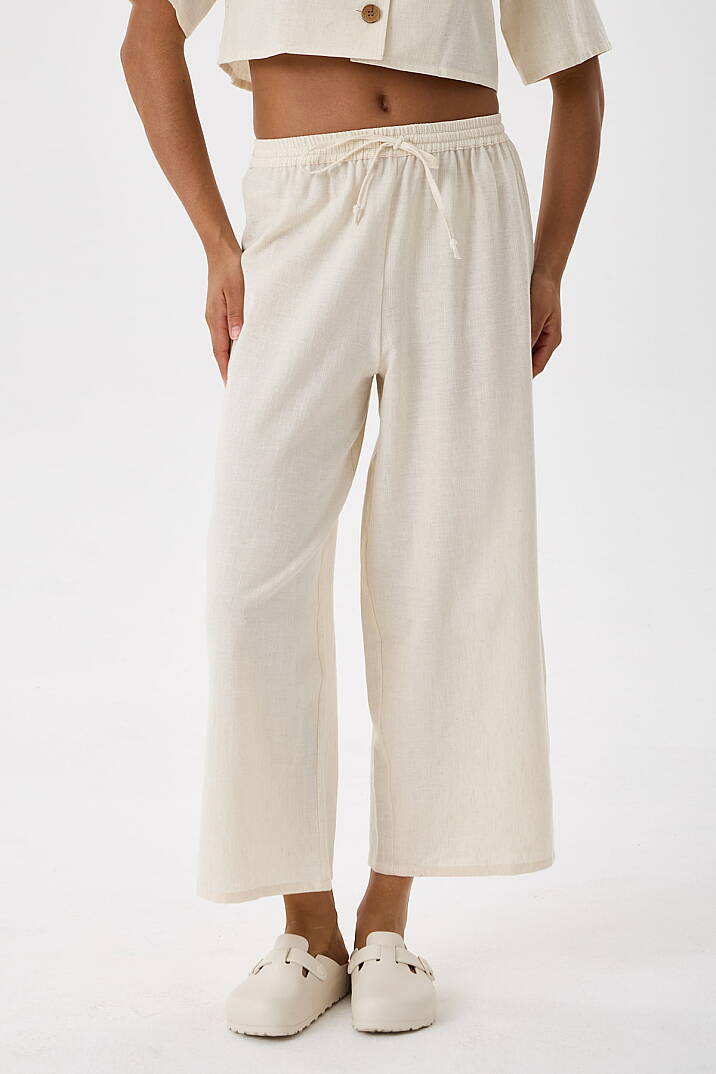Krem Viskon Keten Beli Lastikli Wide Leg Pantolon - 4