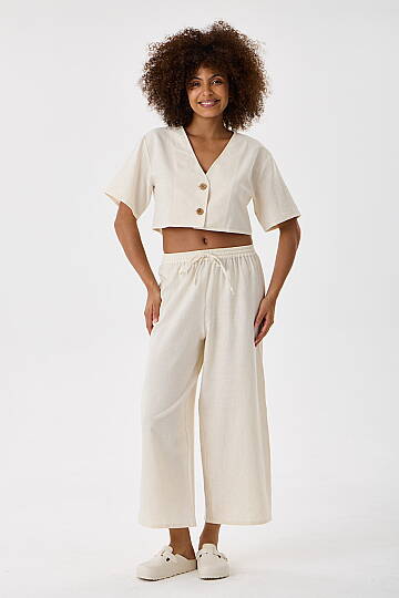 Krem Viskon Keten Beli Lastikli Wide Leg Pantolon
